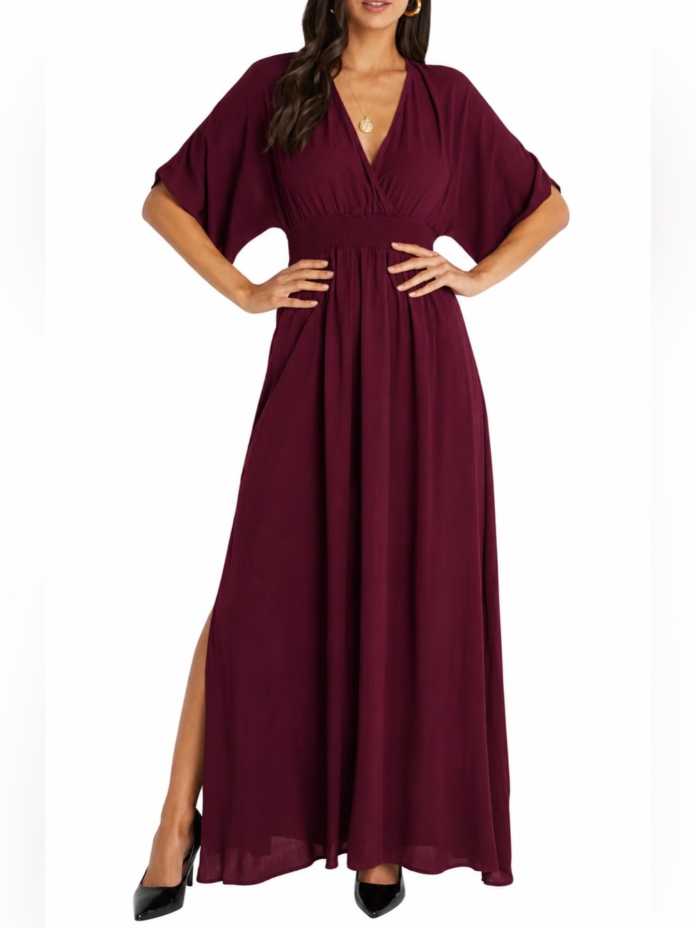 VICI Collection Burgundy Smocked Flutter Sleeve Rayon Maxi Dress XS